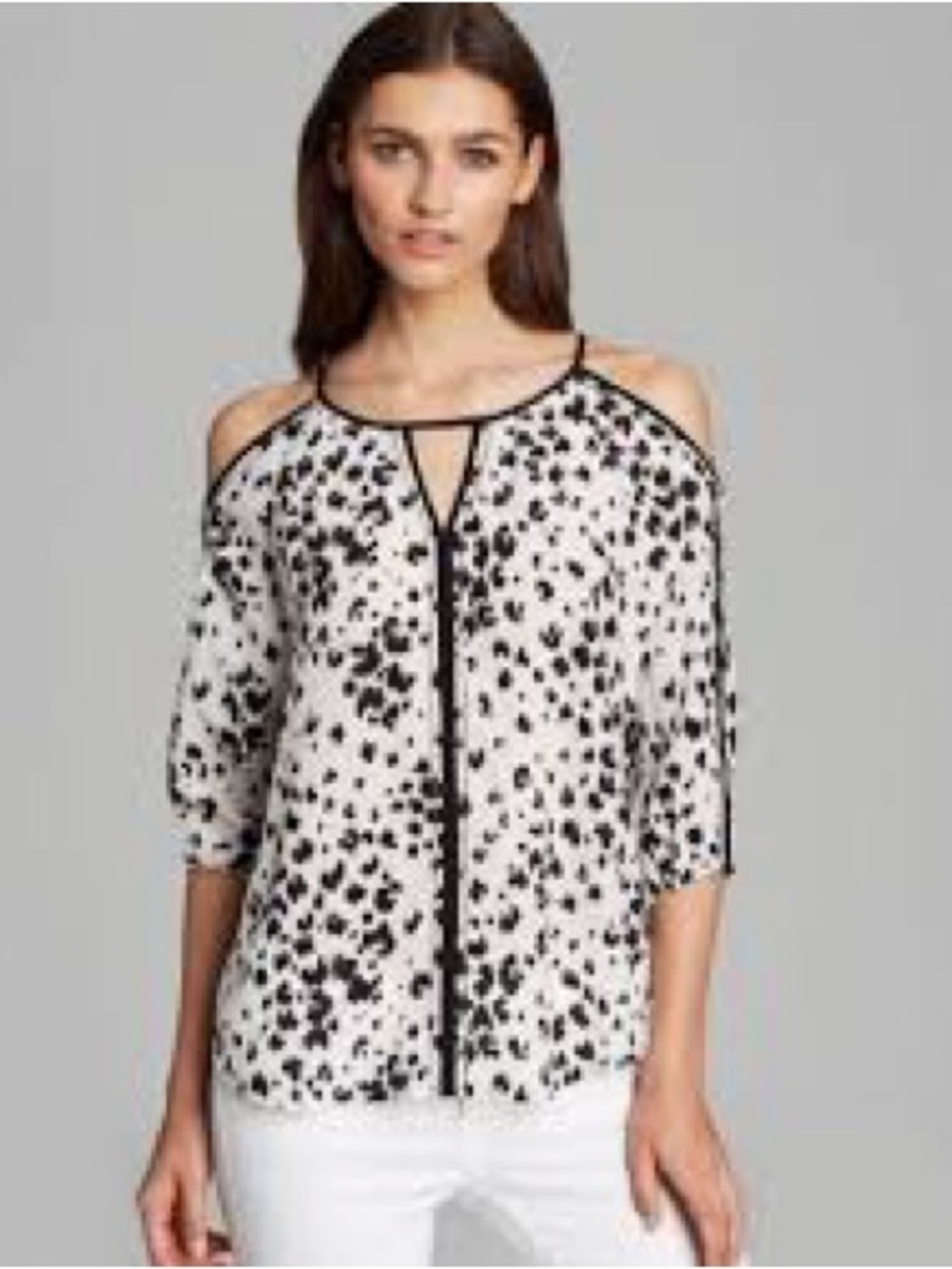Trina Turk 100% Silk Cold Shoulder Elegant 3/4 Sleeve Blouse Ivory Black Medium